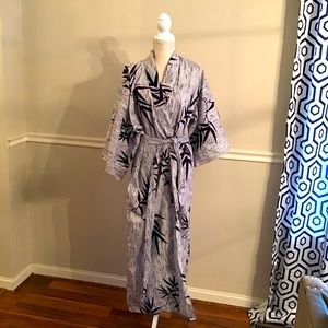 Navy Stripe Bamboo Leaves Kimono Wrap Robe w/ Belt